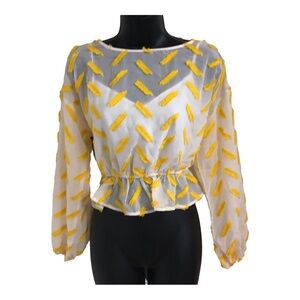 White yellow embroidered sheer long sleeve flutter hem blouse top size XS new